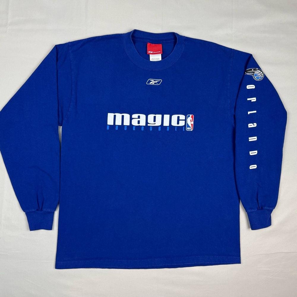 Vtg Reebok Orlando Magic Mens Long Sleeve T-Shirt Medium Y2K Blue Spell Out C6